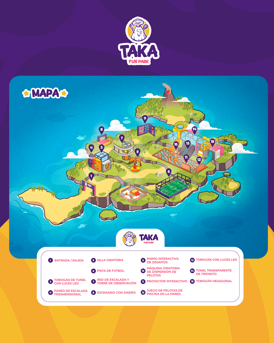 Mapa de TAKA Fun Park con las atracciones numeradas